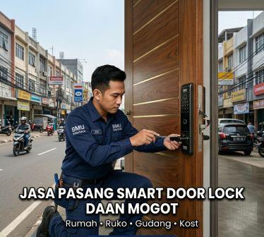 Jasa pasang smart door lock di Daan Mogot Jakarta Barat. BMU Interlock melayani smart lock fingerprint, PIN, RFID, instalasi rapi untuk rumah, ruko, gudang, kost & kantor.
