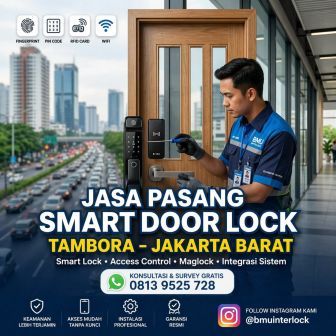 Layanan jasa pasang smart door lock di Tambora Jakarta Barat untuk rumah, kos, ruko, gudang, dan kantor. Instalasi profesional smart lock fingerprint, PIN, RFID, akses kontrol, maglock, serta integrasi sistem keamanan