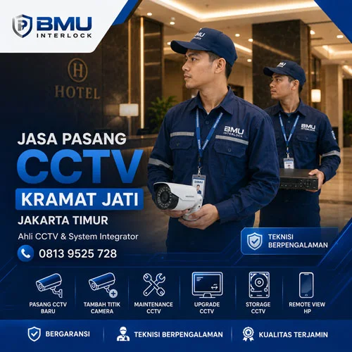 Jasa Pasang CCTV Kramat Jati Jakarta Timur oleh dua teknisi BMU Interlock membawa kamera CCTV dan perangkat NVR.