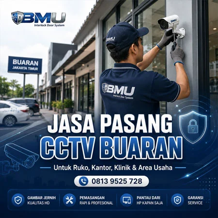 Teknisi BMU Interlock memasang CCTV di Buaran Jakarta Timur untuk ruko kantor klinik dan area usaha