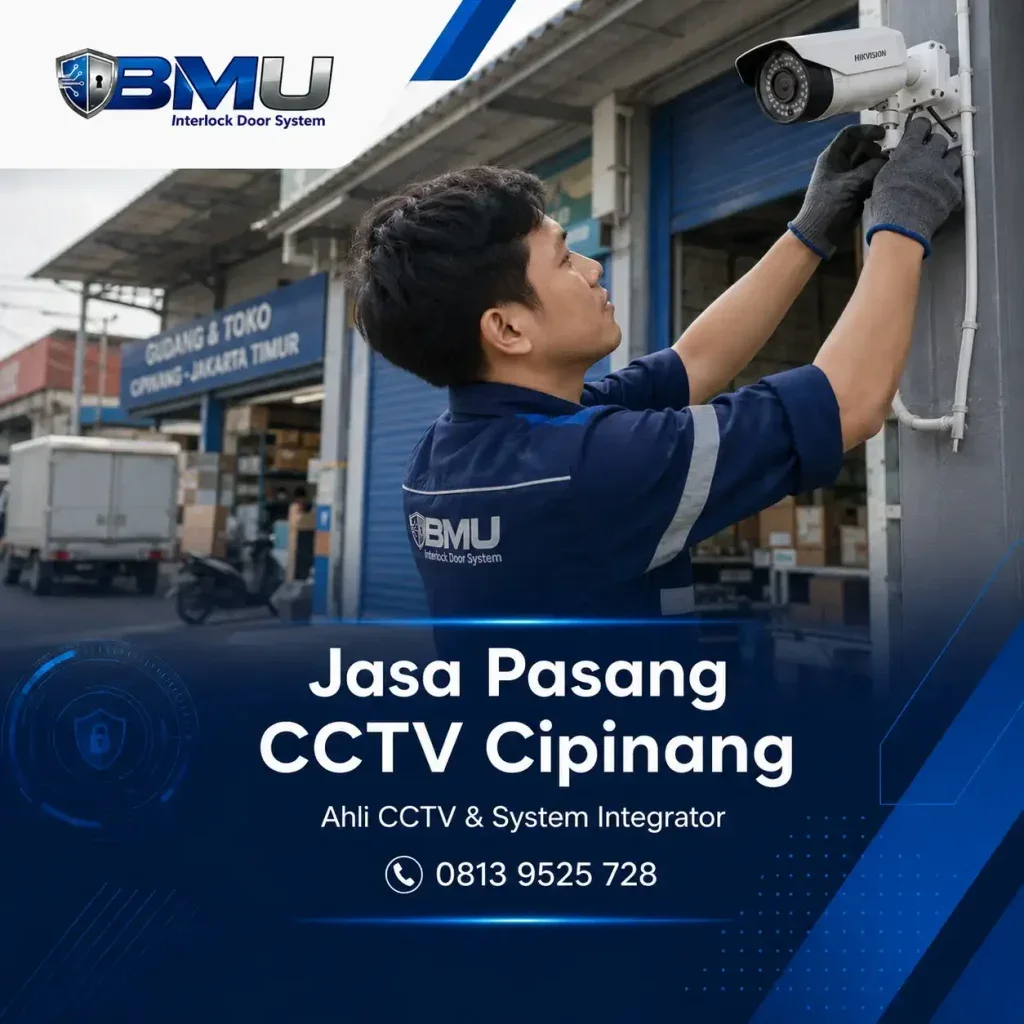 Teknisi BMU Interlock memasang CCTV di Cipinang Jakarta Timur untuk kebutuhan ruko, gudang dan area komersial