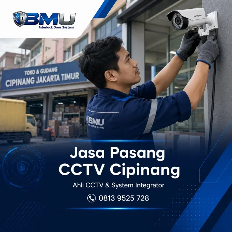 Teknisi BMU Interlock melakukan pemasangan CCTV di Cipinang Jakarta Timur untuk toko gudang rumah dan area usaha