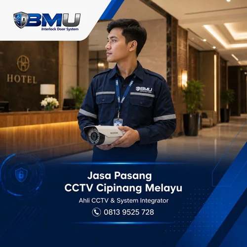 Jasa Pasang CCTV Cipinang Melayu Jakarta Timur oleh teknisi BMU Interlock membawa kamera CCTV di area hotel.