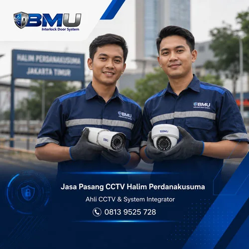 Jasa Pasang CCTV Halim Perdanakusuma Jakarta Timur oleh dua teknisi BMU Interlock membawa kamera CCTV