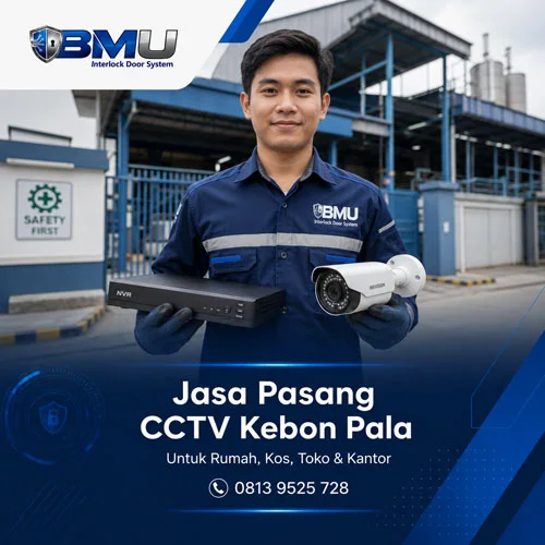 Jasa Pasang CCTV Kebon Pala Jakarta Timur oleh teknisi BMU Interlock membawa NVR dan kamera CCTV di area pabrik