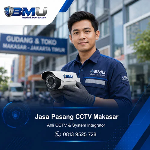 Jasa Pasang CCTV Makasar Jakarta Timur oleh teknisi BMU Interlock membawa kamera CCTV
