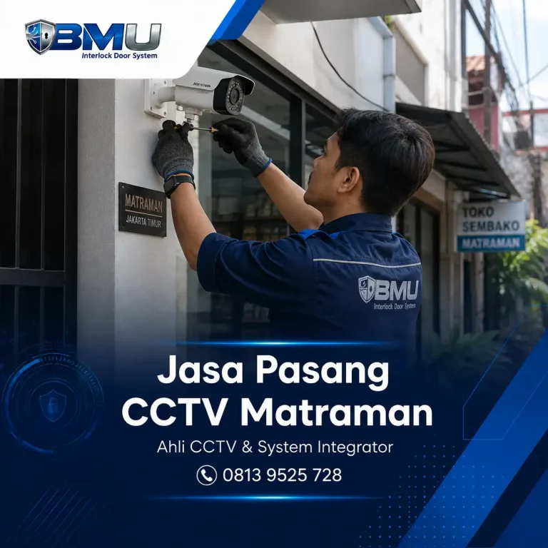 Teknisi BMU Interlock melakukan pemasangan CCTV di Matraman Jakarta Timur untuk rumah kos toko klinik dan bangunan existing