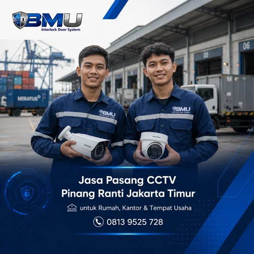 Jasa Pasang CCTV Pinang Ranti Jakarta Timur oleh dua teknisi BMU Interlock membawa kamera CCTV di area pergudangan dan tempat usaha