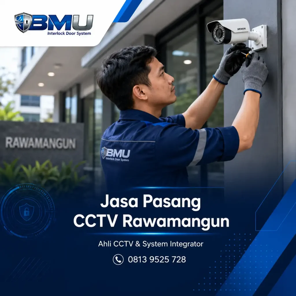 Teknisi BMU Interlock melakukan pemasangan CCTV di Rawamangun Jakarta Timur untuk rumah kantor klinik dan area usaha