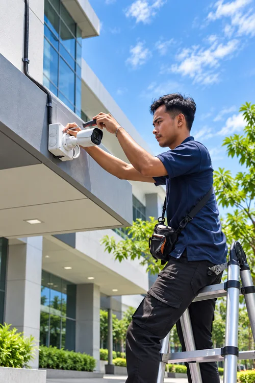 Teknisi BMU Interlock sedang memasang CCTV di gedung perkantoran Jakarta Selatan